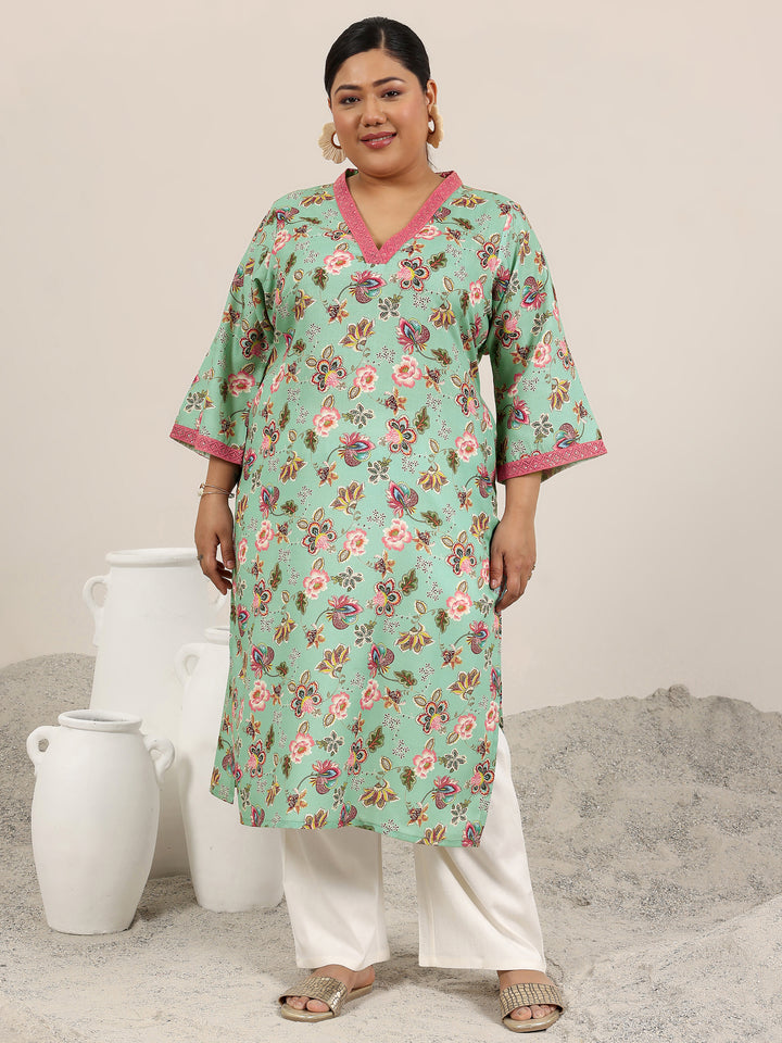 Plus Size Blue Printed Cotton Blend Kurta