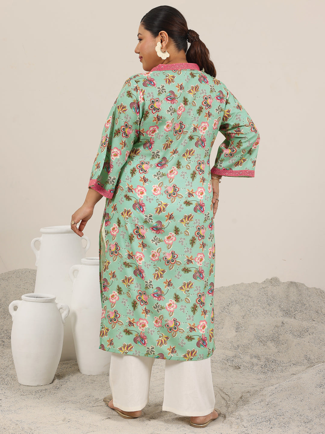 Plus Size Blue Printed Cotton Blend Kurta