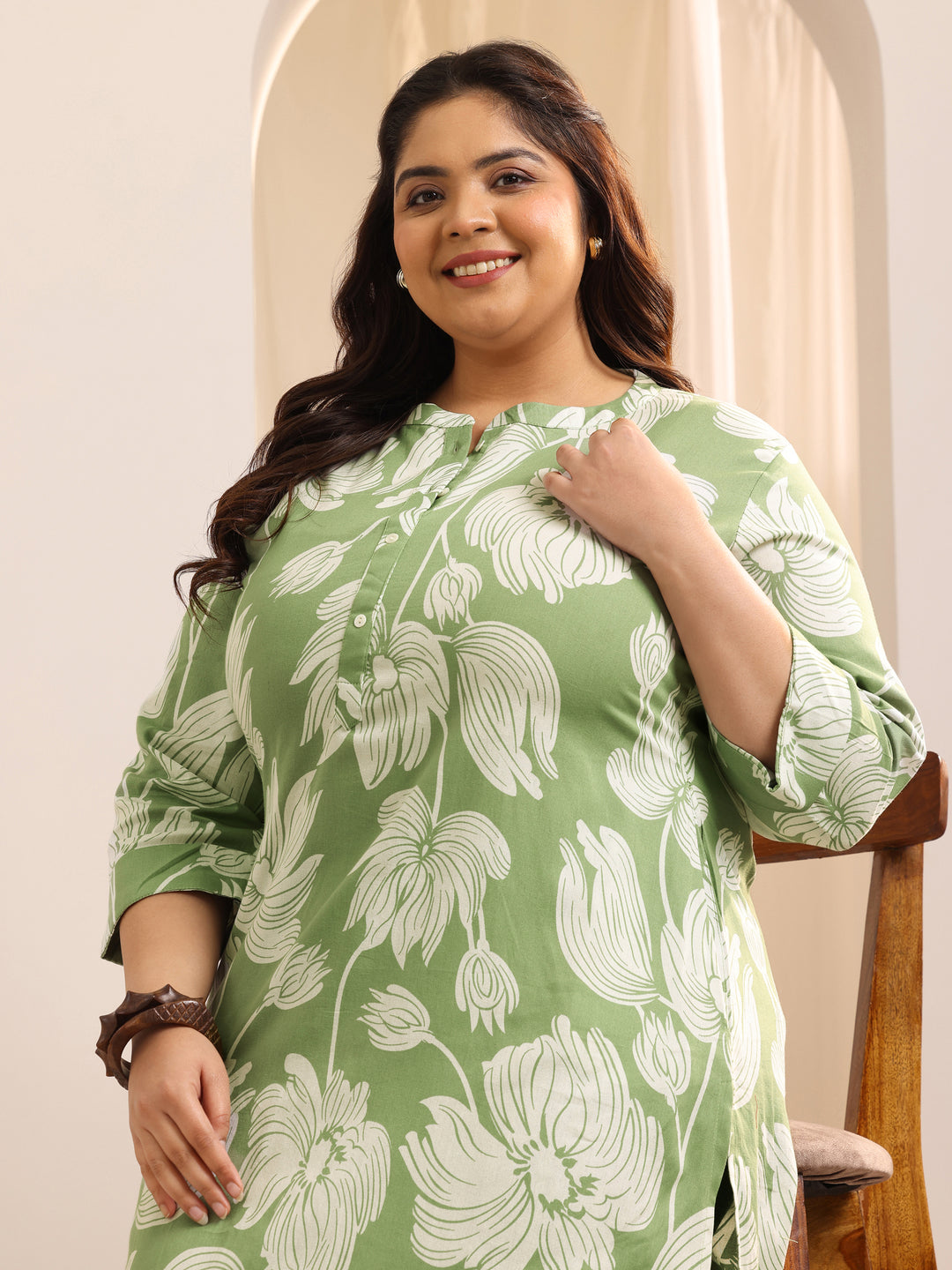 Plus Size Green Printed Cotton Straight Kurta