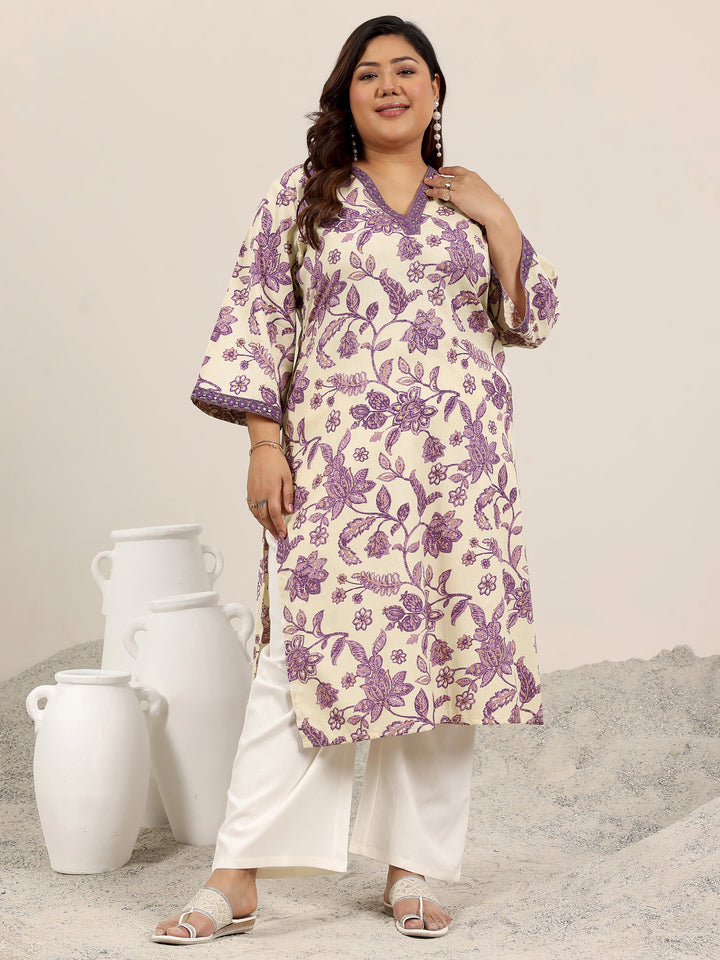 Plus Size Off White Printed Cotton Kurta