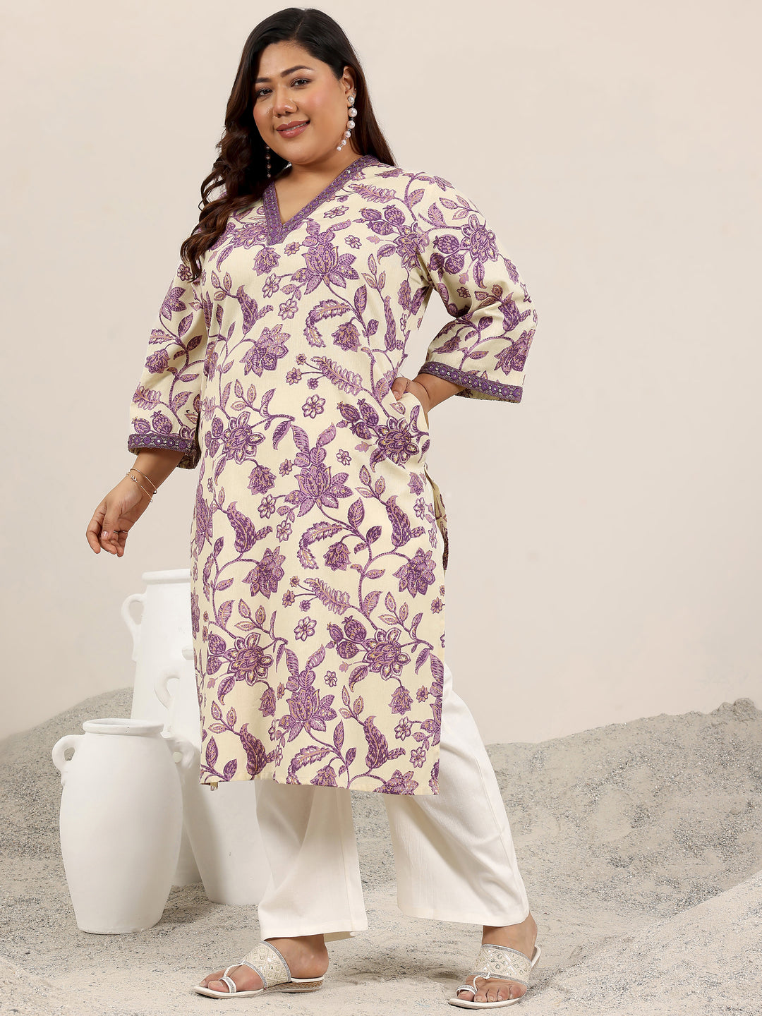 Plus Size Off White Printed Cotton Kurta