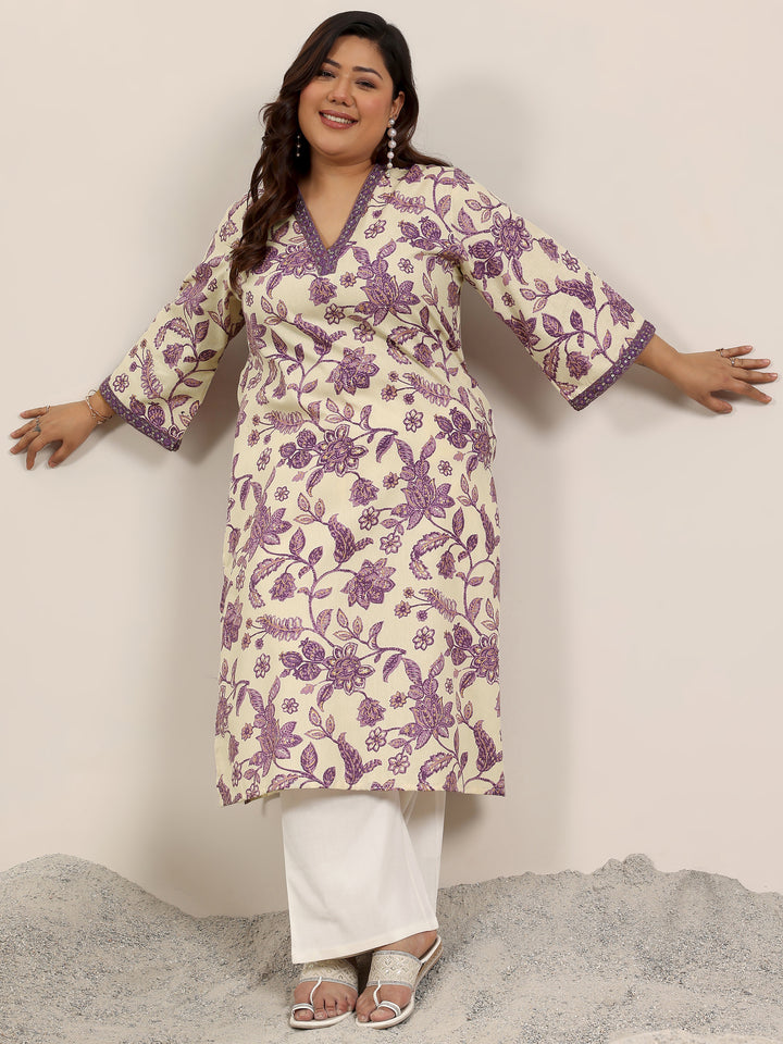Plus Size Off White Printed Cotton Kurta