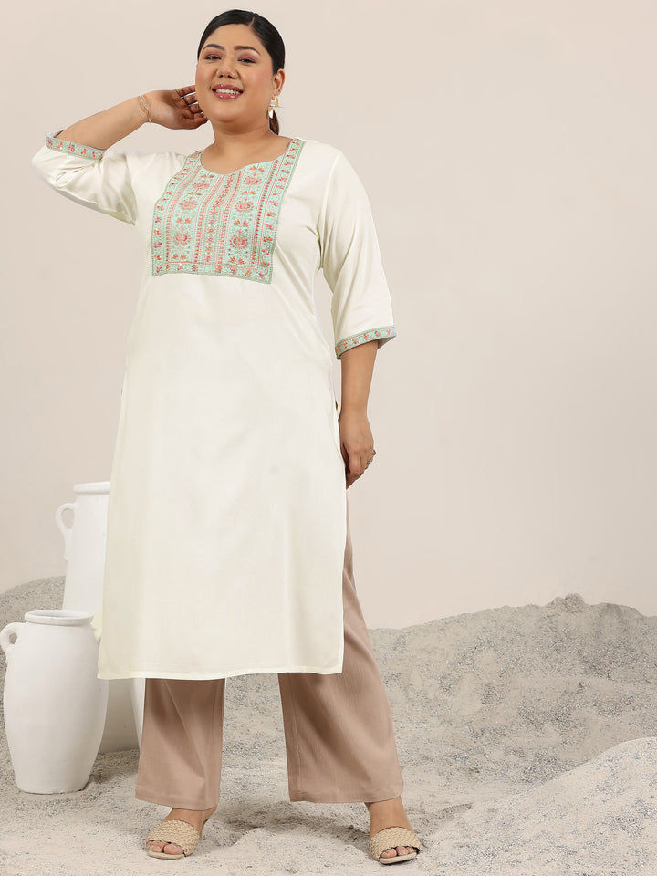 Plus Size Off White Yoke Design Rayon Straight Kurta