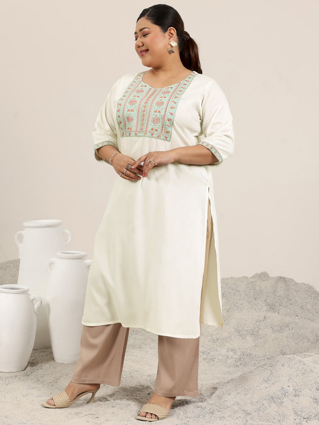 Plus Size Off White Yoke Design Rayon Straight Kurta