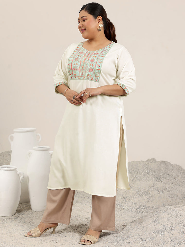 Plus Size Off White Yoke Design Rayon Straight Kurta