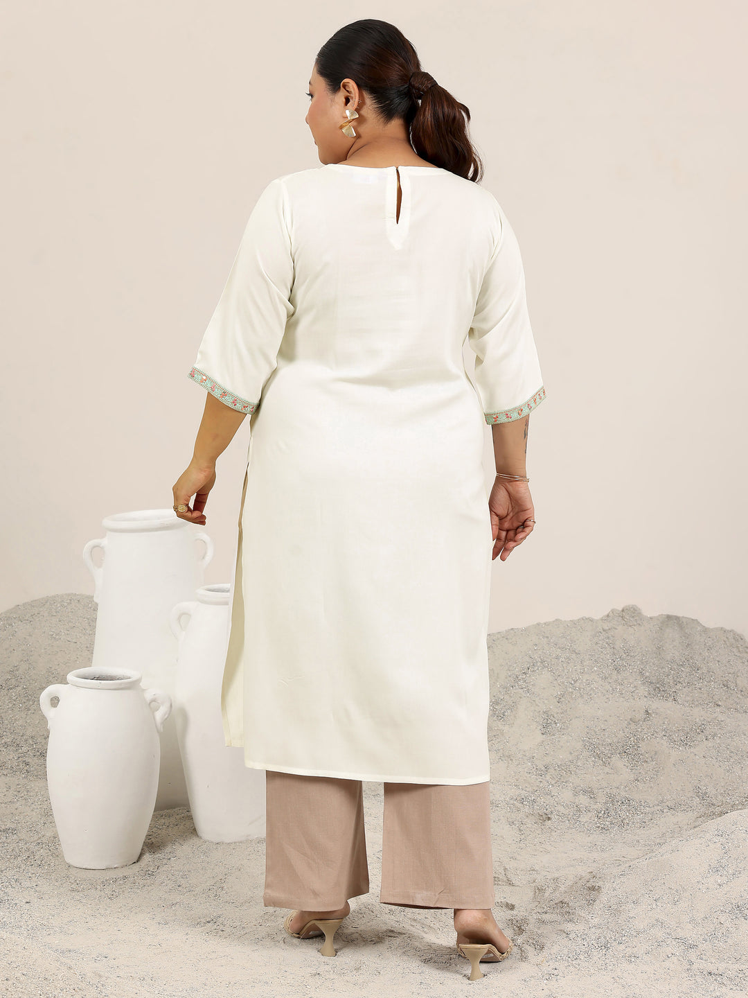 Plus Size Off White Yoke Design Rayon Straight Kurta