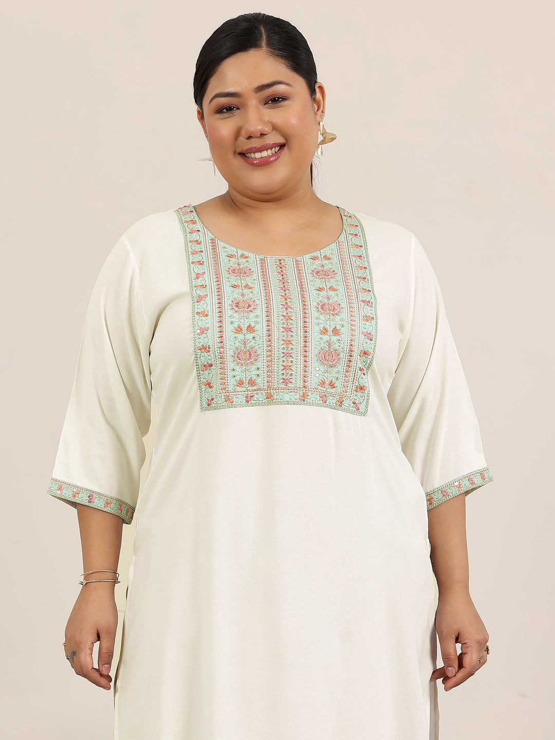 Plus Size Off White Yoke Design Rayon Straight Kurta