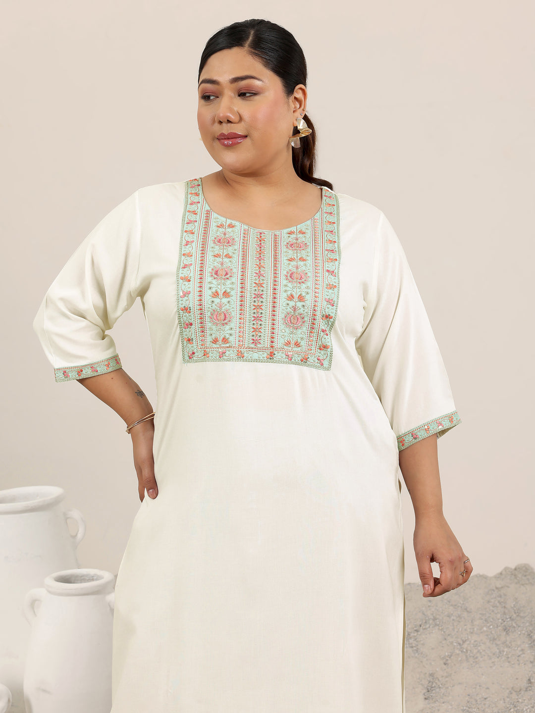 Plus Size Off White Yoke Design Rayon Straight Kurta
