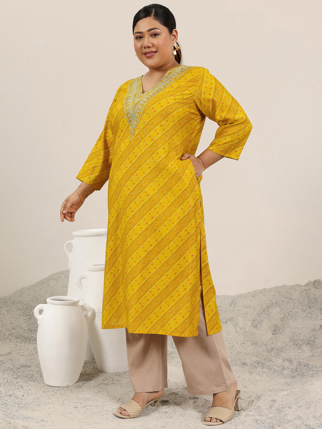 Plus Size Mustard Printed Silk Straight Kurta