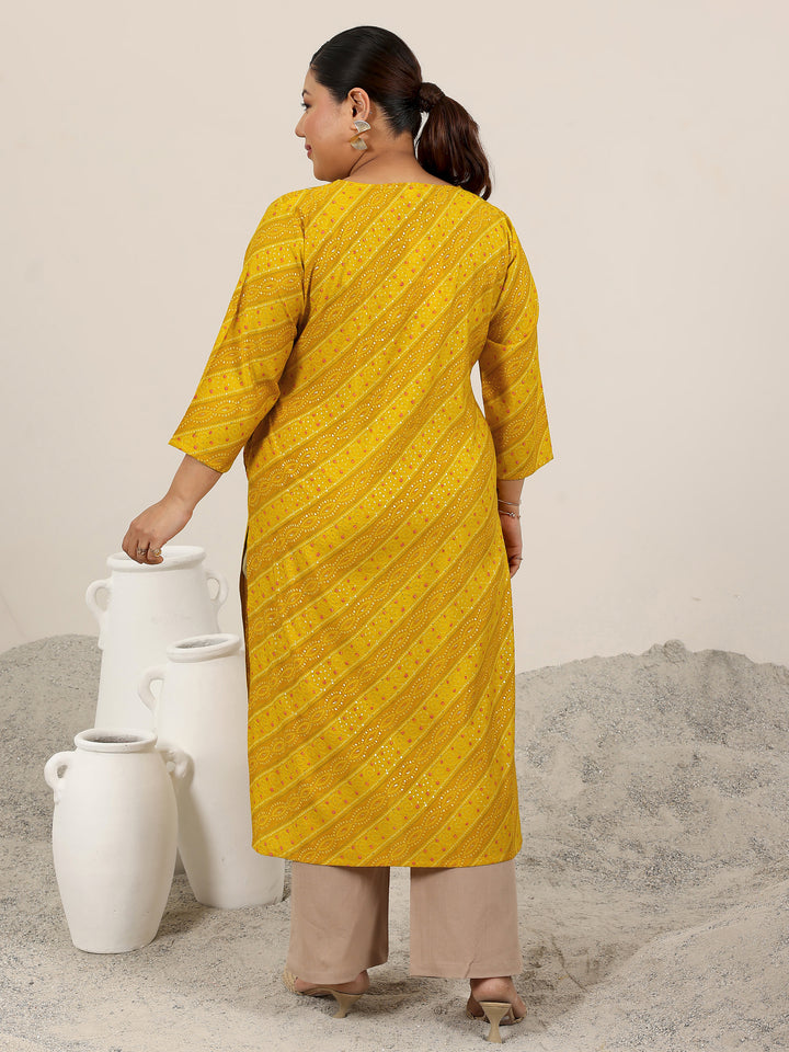Plus Size Mustard Printed Silk Straight Kurta