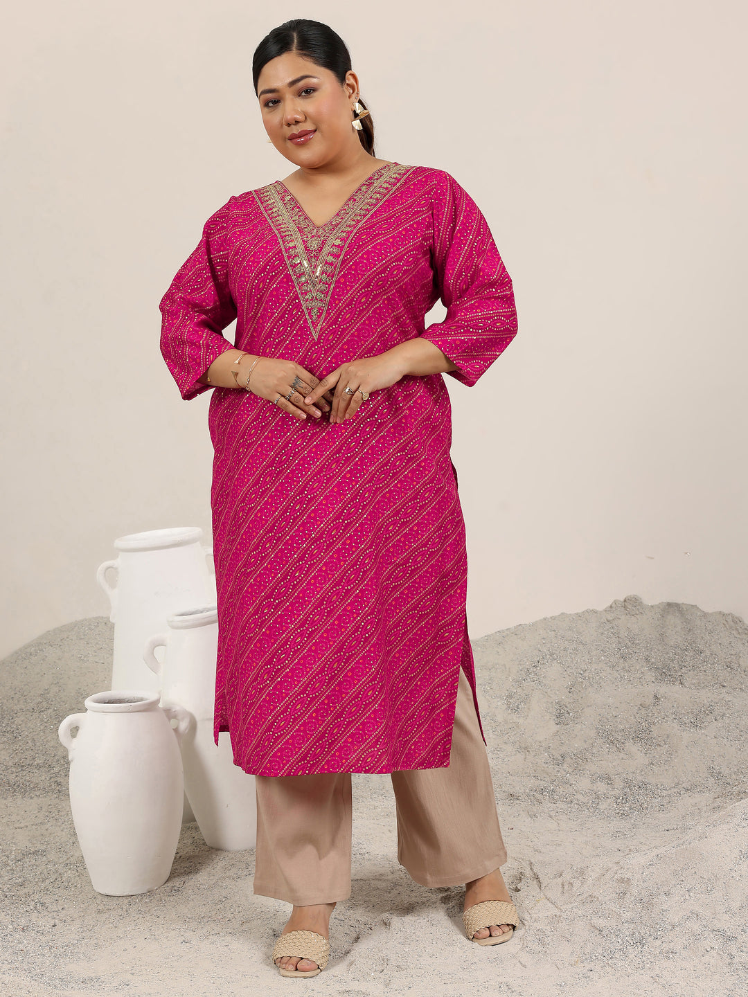 Plus Size Pink Printed Silk Straight Kurta