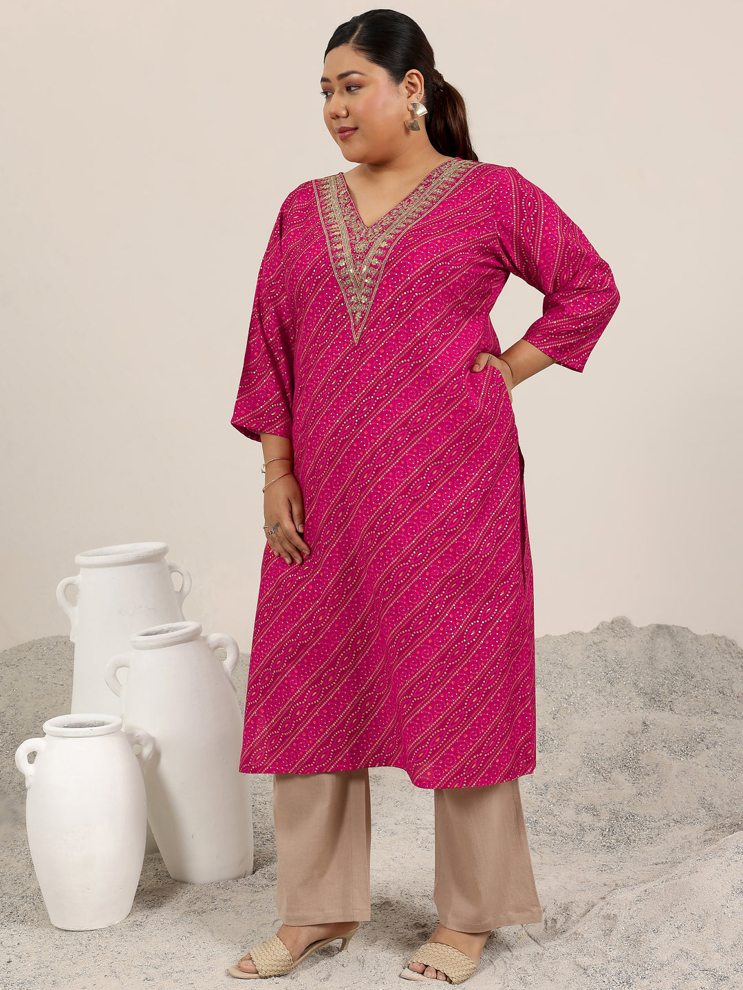 Plus Size Pink Printed Silk Straight Kurta