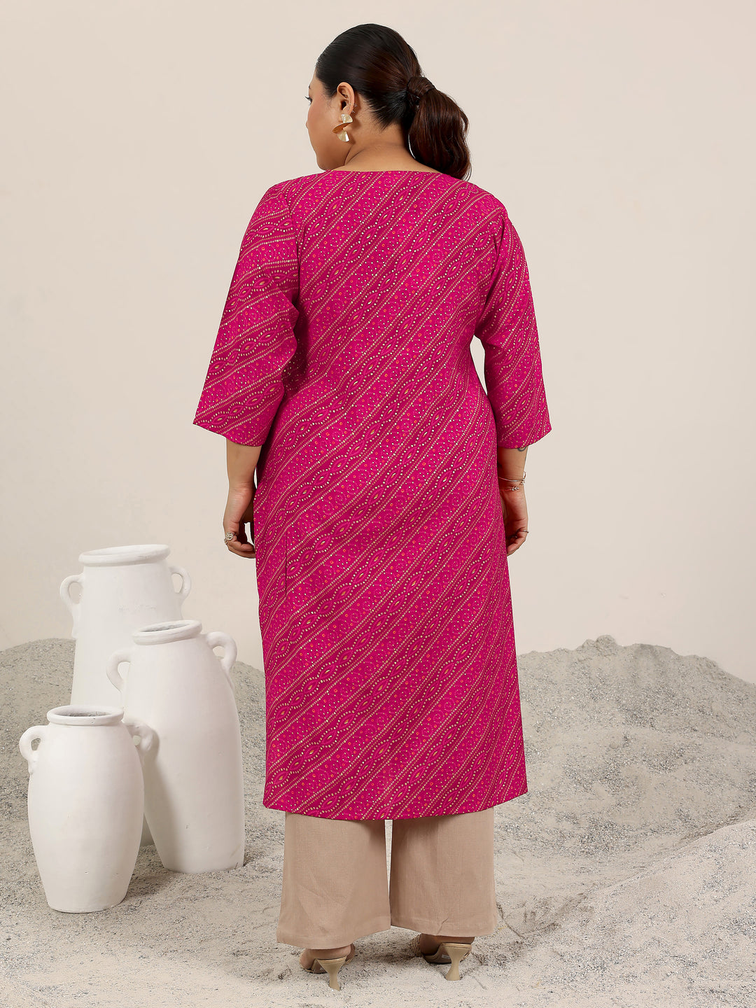 Plus Size Pink Printed Silk Straight Kurta