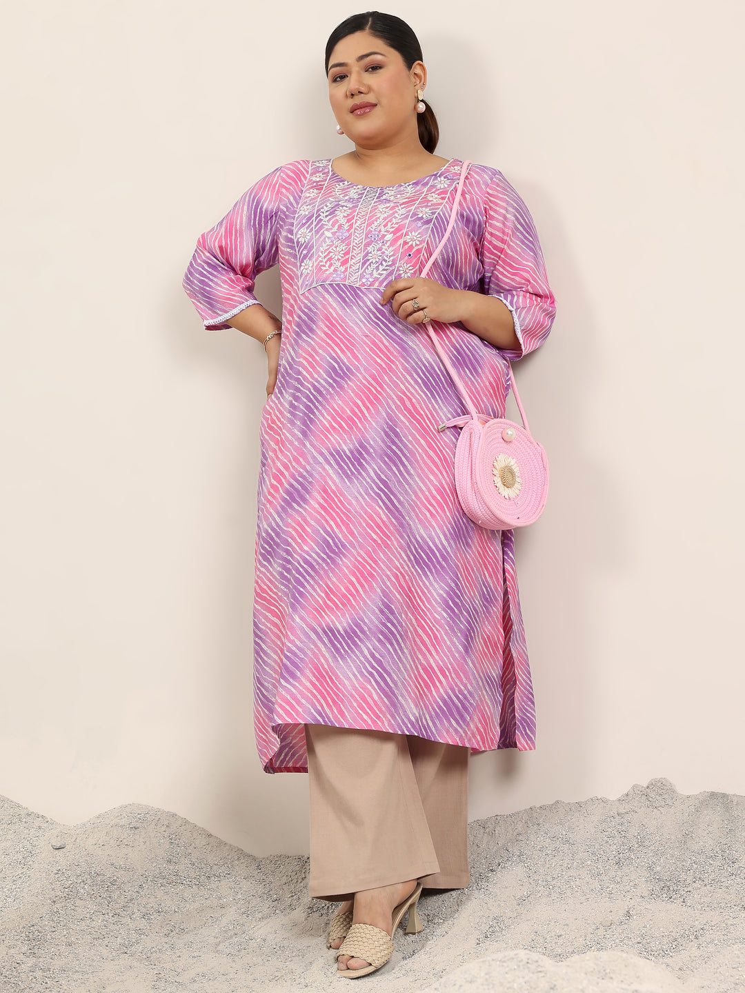 Plus Size Lavender Printed Straight Silk Kurta