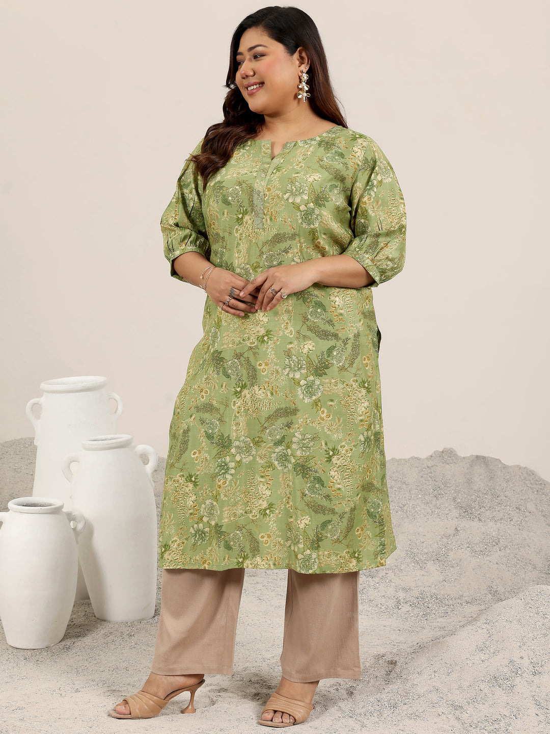 Plus Size Green Printed Silk Kurta