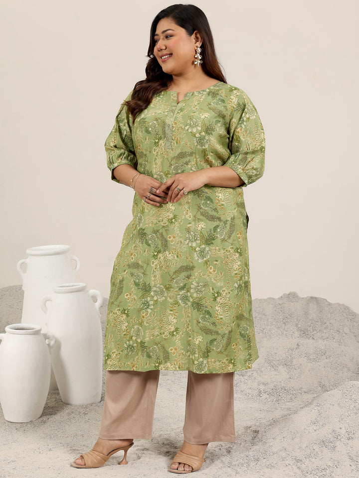 Plus Size Green Printed Silk Kurta