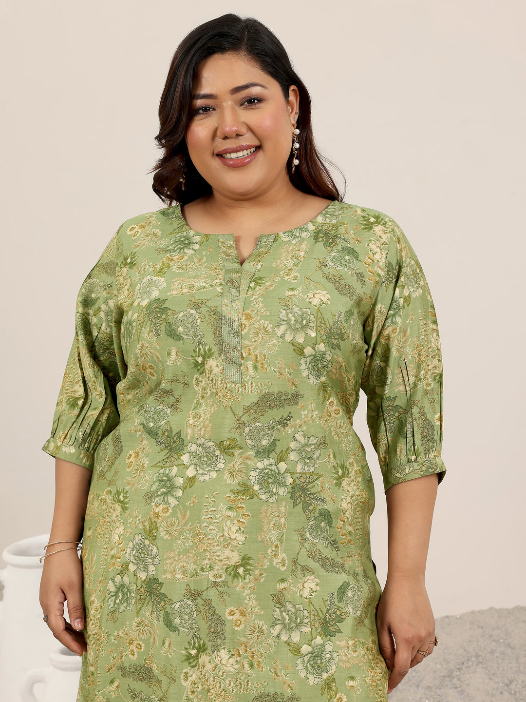 Plus Size Green Printed Silk Kurta
