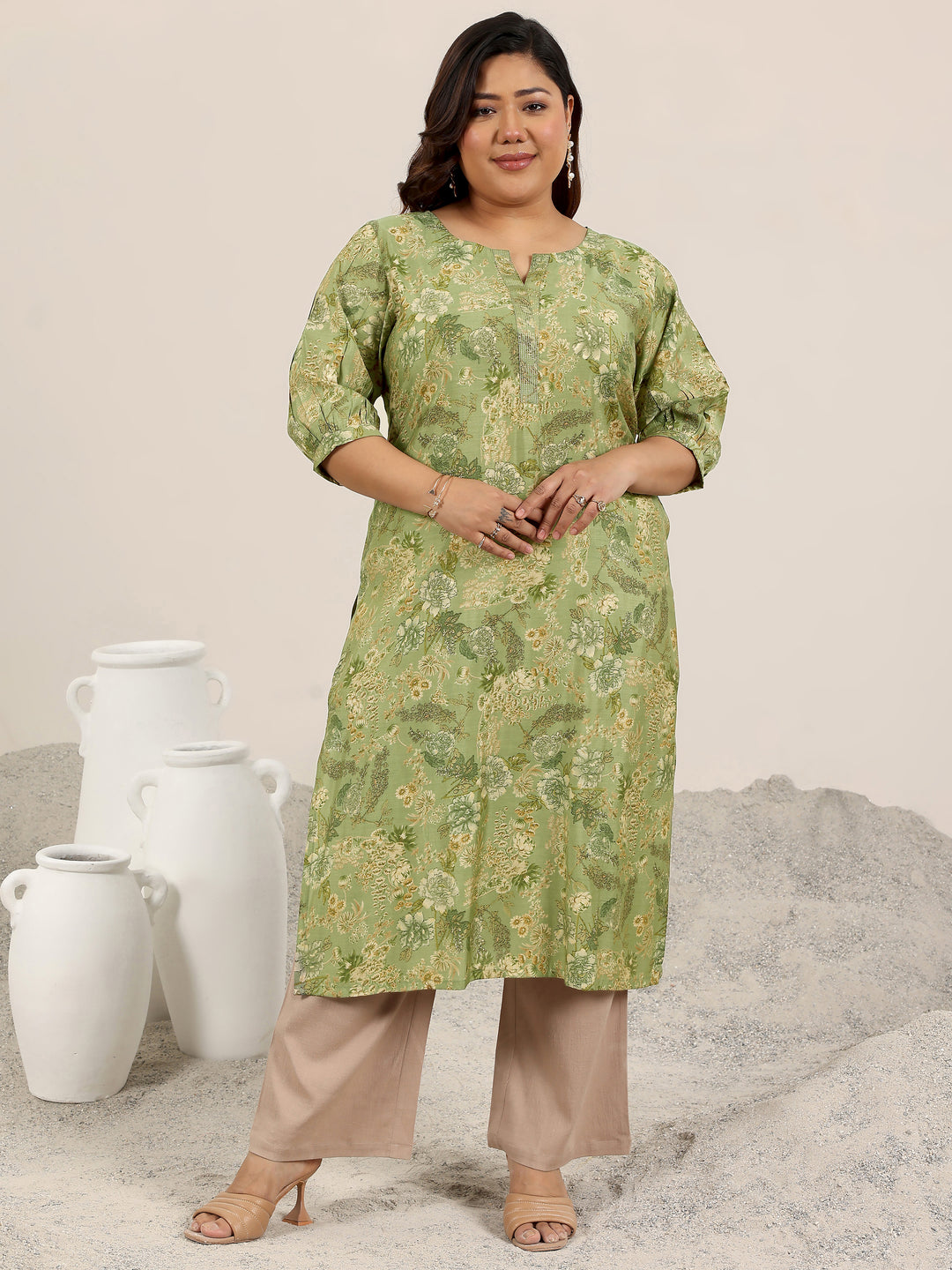 Plus Size Green Printed Silk Kurta