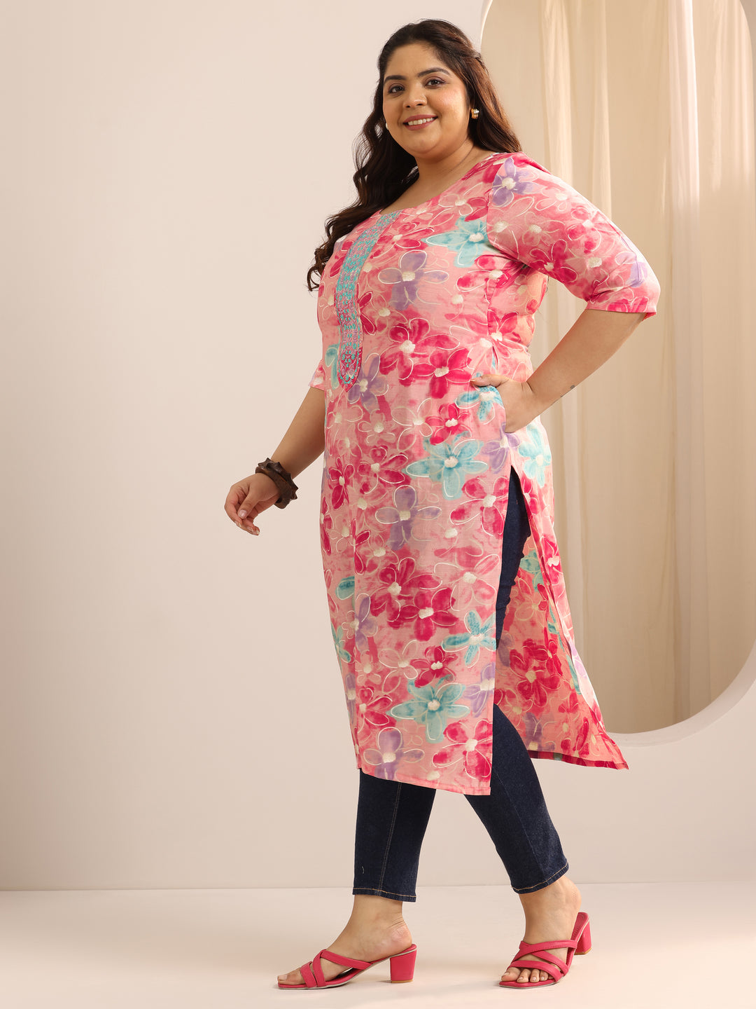Plus Size Pink Printed Silk Straight Kurta