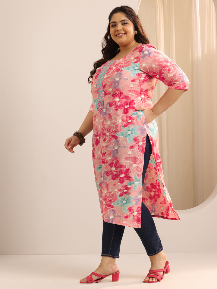Plus Size Pink Printed Silk Straight Kurta