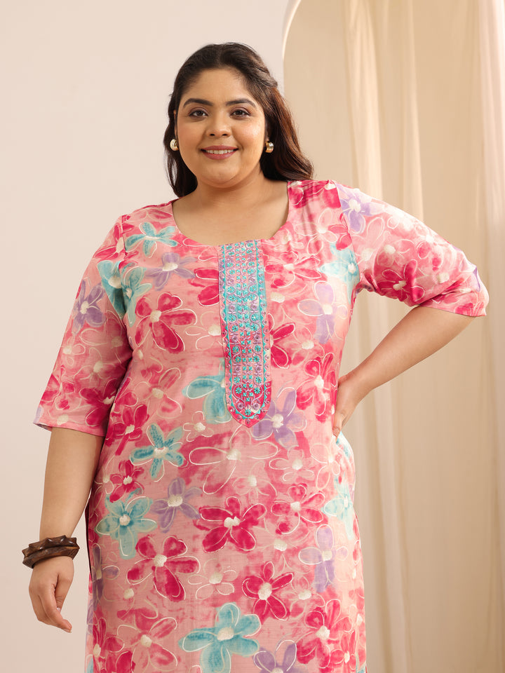 Plus Size Pink Printed Silk Straight Kurta