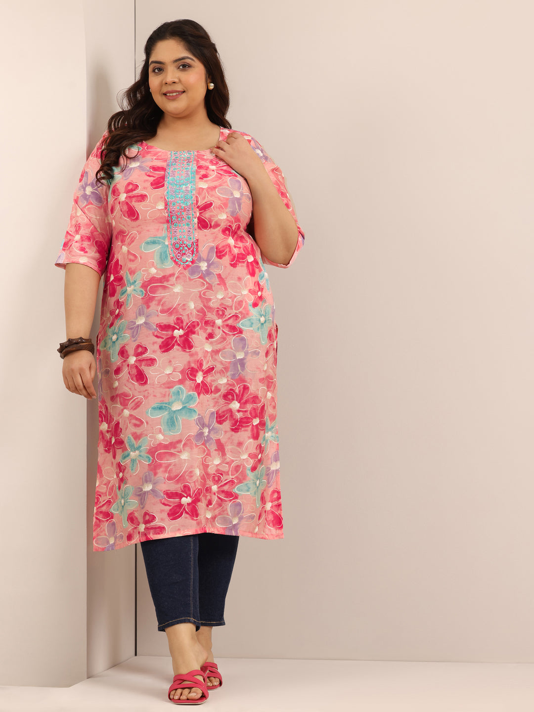 Plus Size Pink Printed Silk Straight Kurta