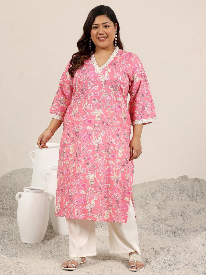 Plus Size Pink Printed Cotton Straight Kurta