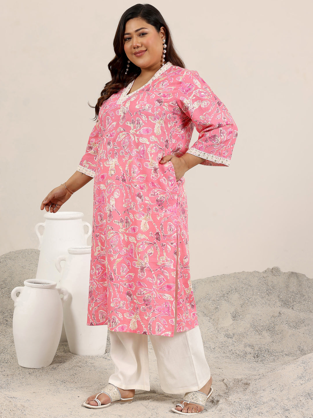 Plus Size Pink Printed Cotton Straight Kurta