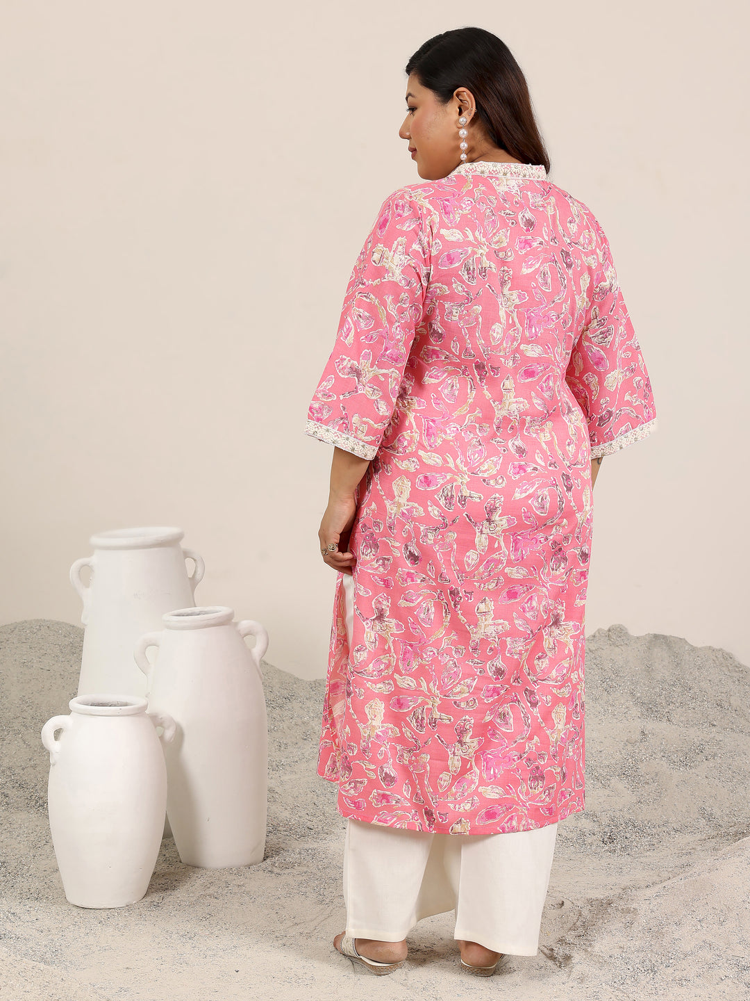 Plus Size Pink Printed Cotton Straight Kurta