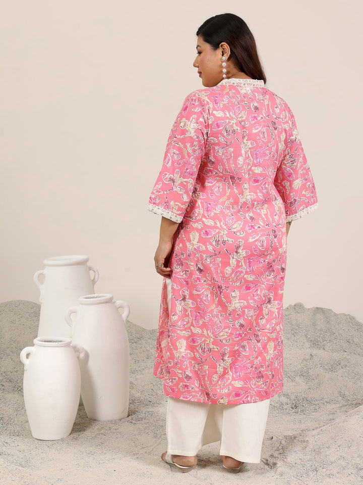 Plus Size Pink Printed Cotton Straight Kurta