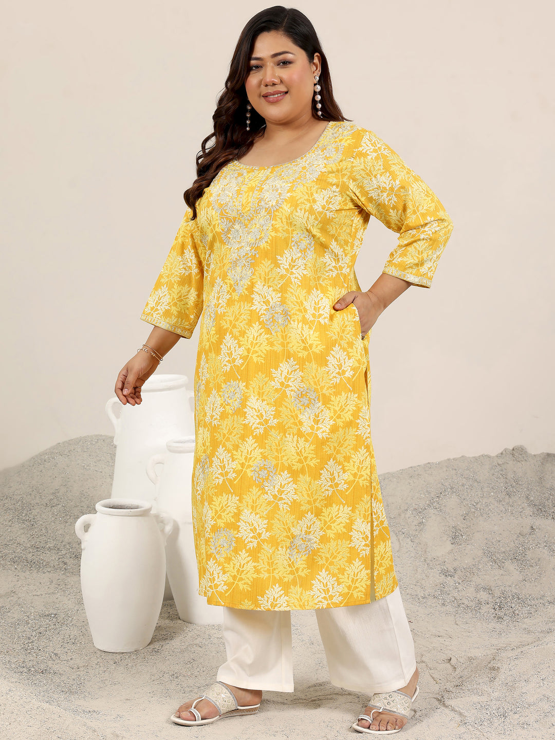 Plus Size Yellow Printed Cotton Straight Kurta