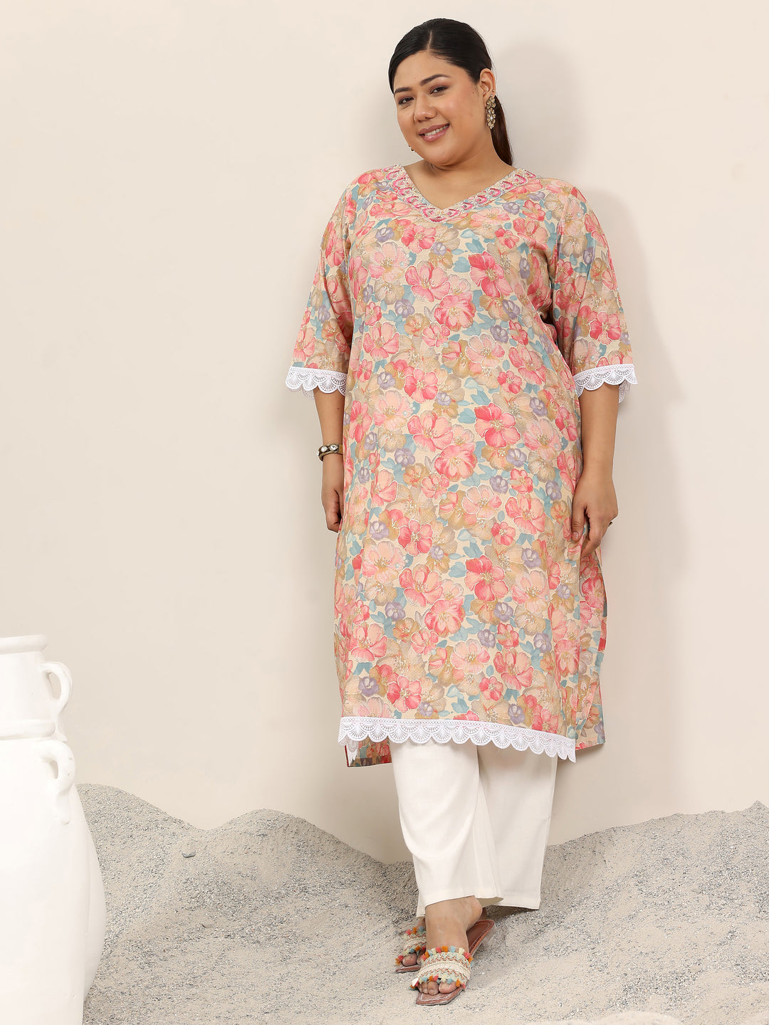 Plus Size Pink Printed Silk Blend Kurta