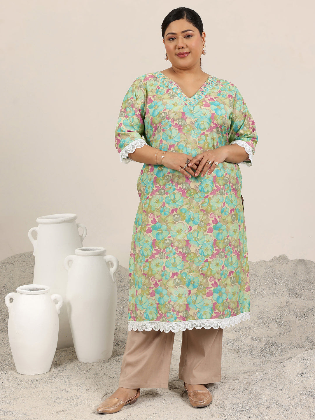Plus Size Green Printed Silk Blend Kurta