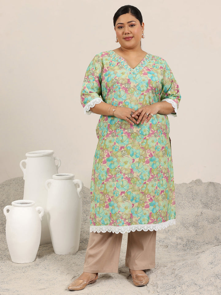 Plus Size Green Printed Silk Blend Kurta