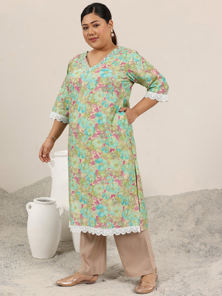 Plus Size Green Printed Silk Blend Kurta
