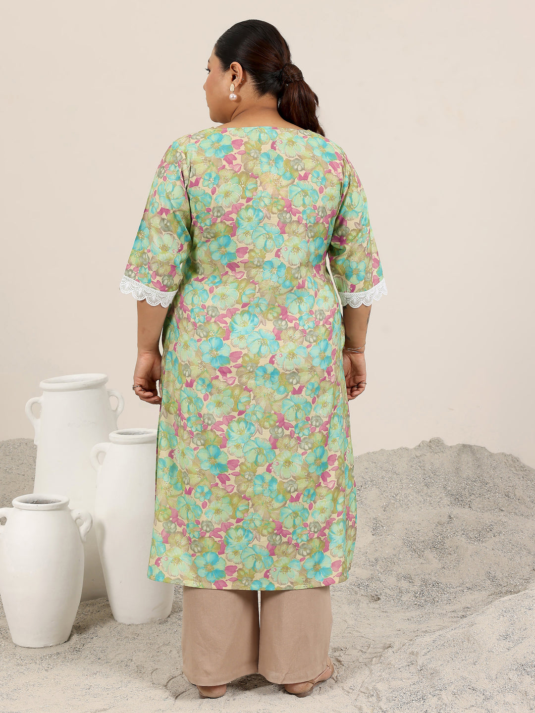 Plus Size Green Printed Silk Blend Kurta