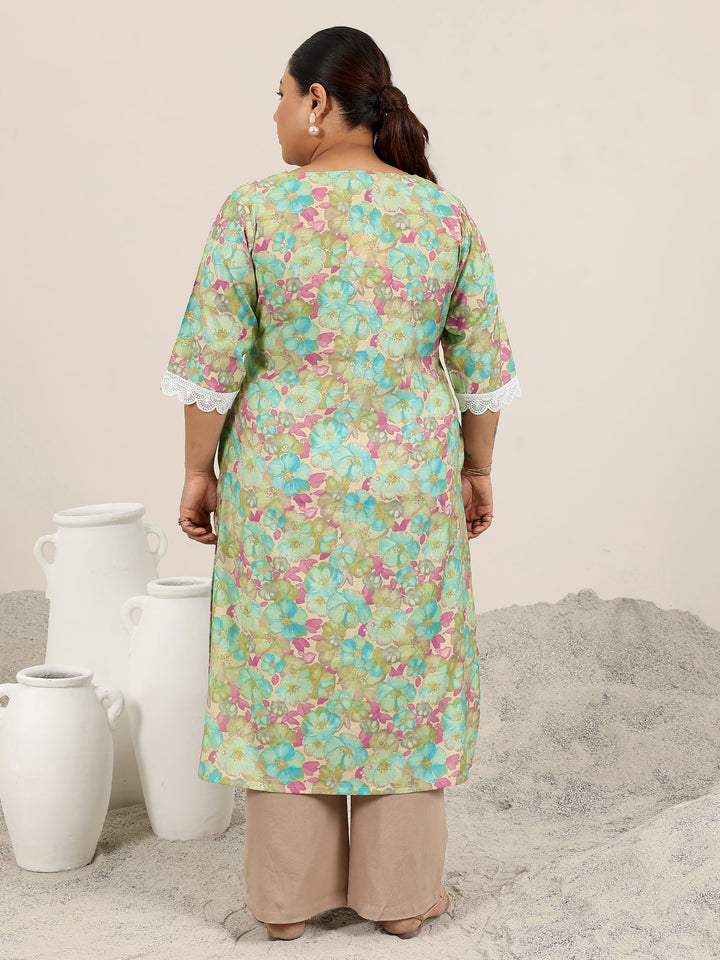 Plus Size Green Printed Silk Blend Kurta