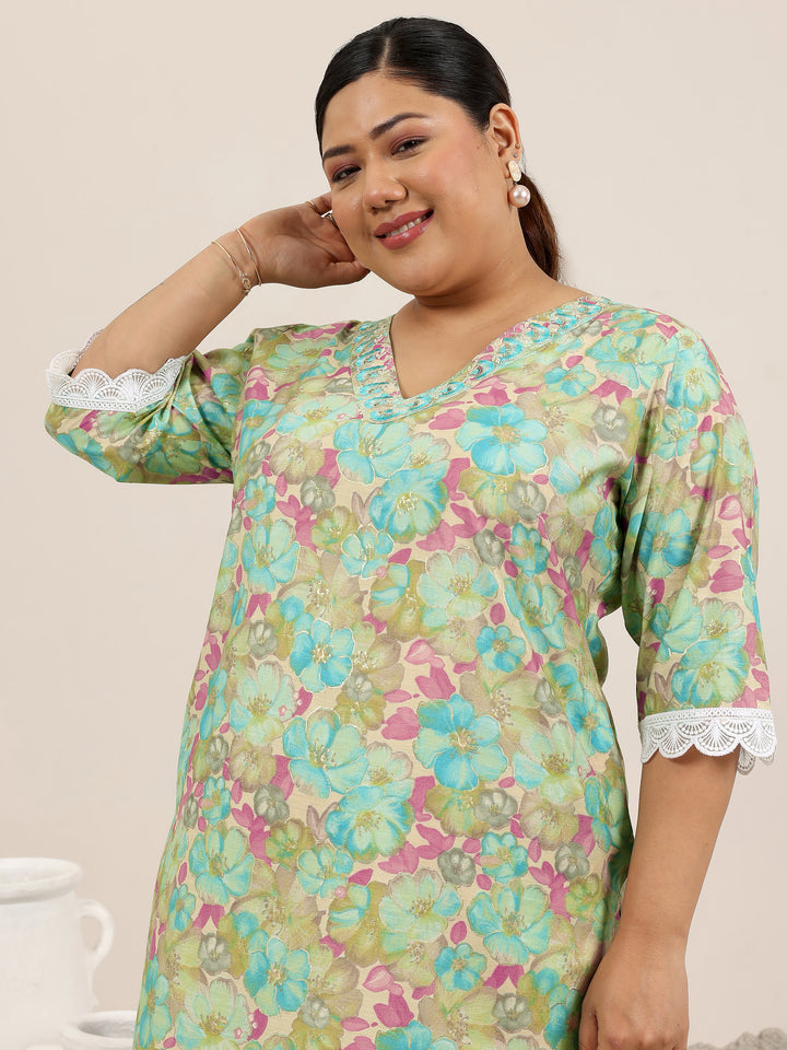 Plus Size Green Printed Silk Blend Kurta