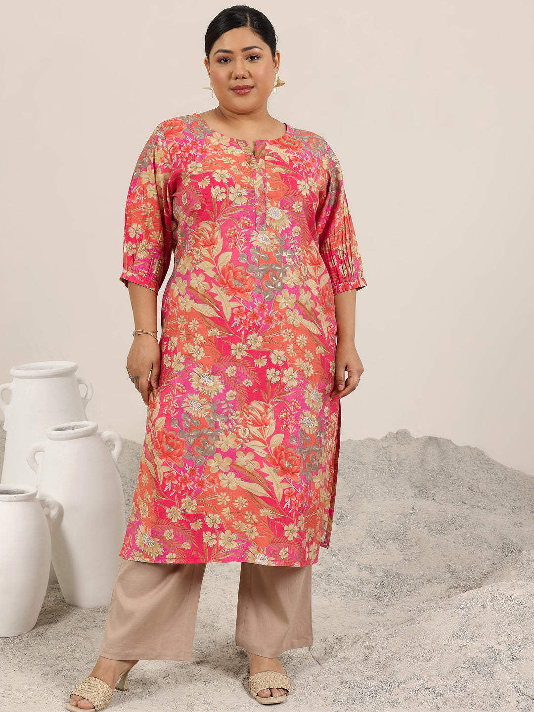 Plus Size Peach Printed Silk Blend Straight Kurta