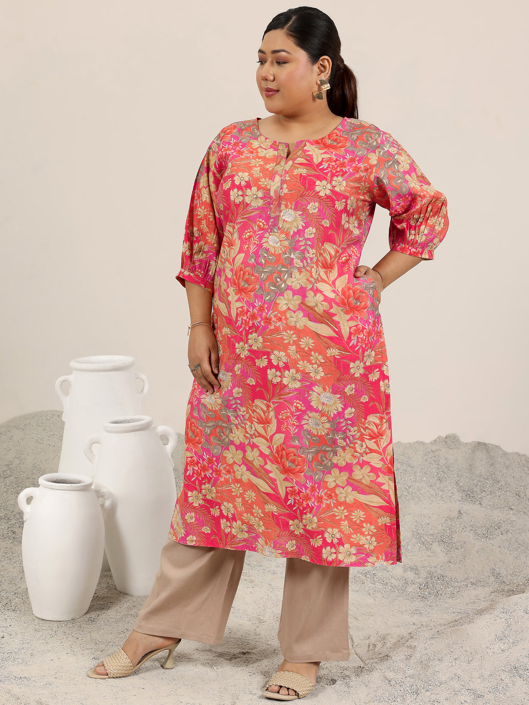 Plus Size Peach Printed Silk Blend Straight Kurta
