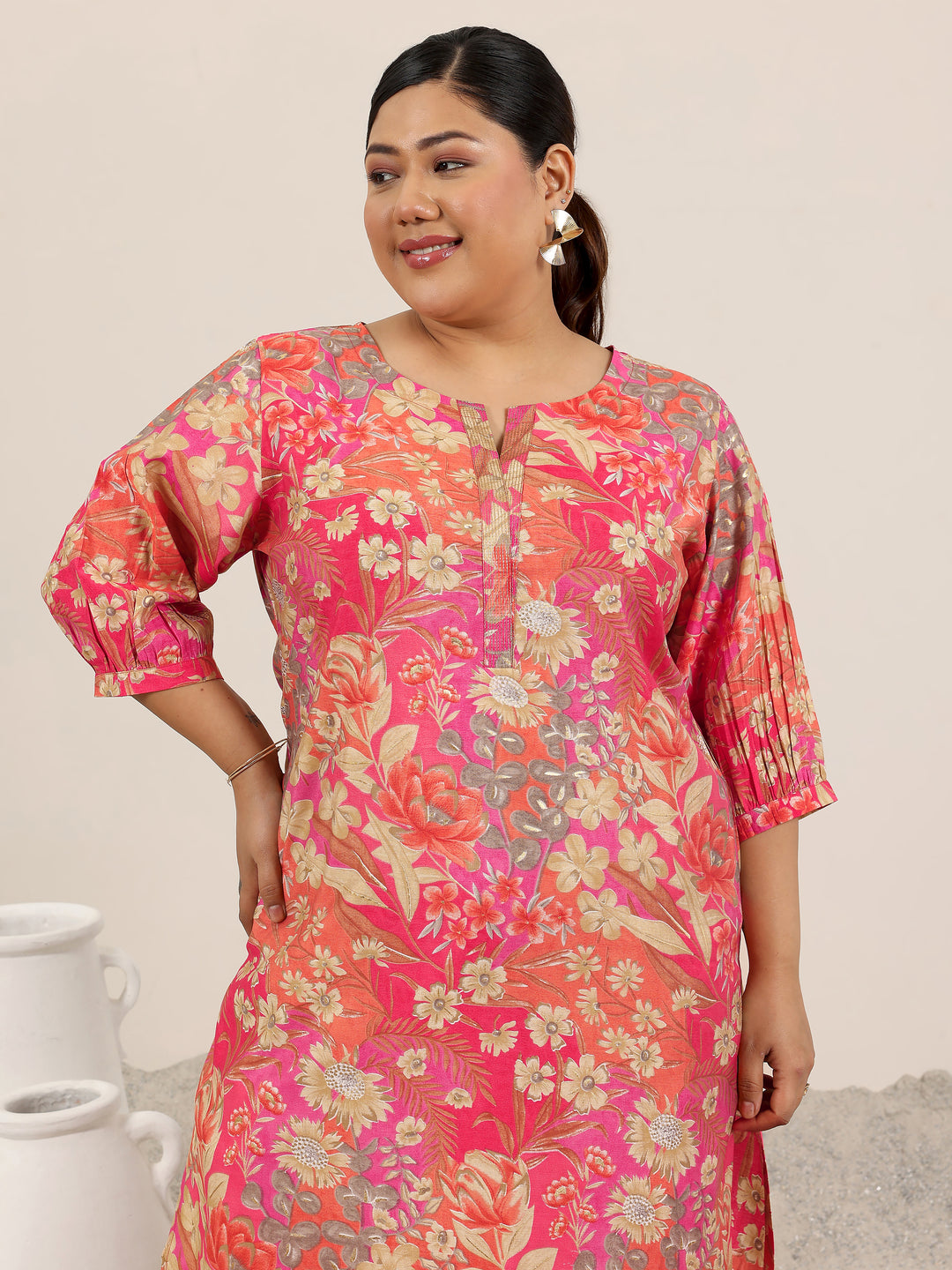 Plus Size Peach Printed Silk Blend Straight Kurta