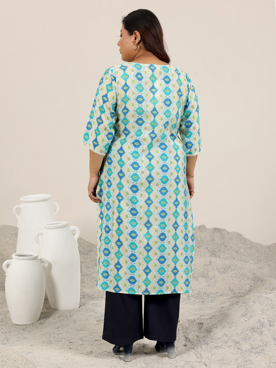 Plus Size Off White Printed Silk Blend Kurta