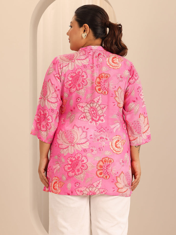 Plus Size Pink Printed Muslin Straight Tunic