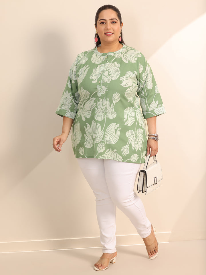 Plus Size Green Printed Cotton Straight Short Kurti
