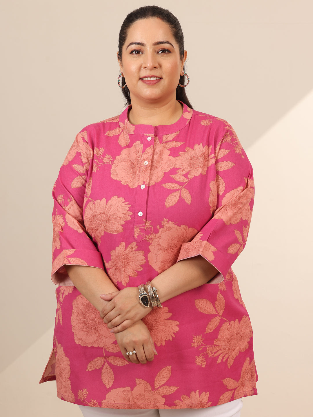 Plus Size Pink Printed Cotton Straight Short Kurti