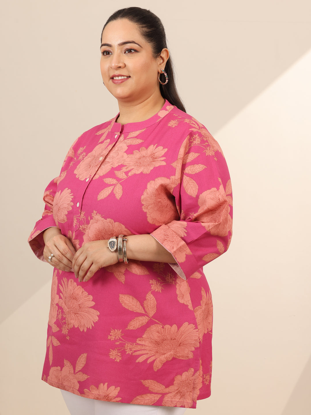 Plus Size Pink Printed Cotton Straight Short Kurti