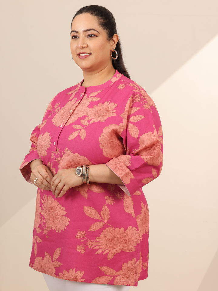 Plus Size Pink Printed Cotton Straight Short Kurti