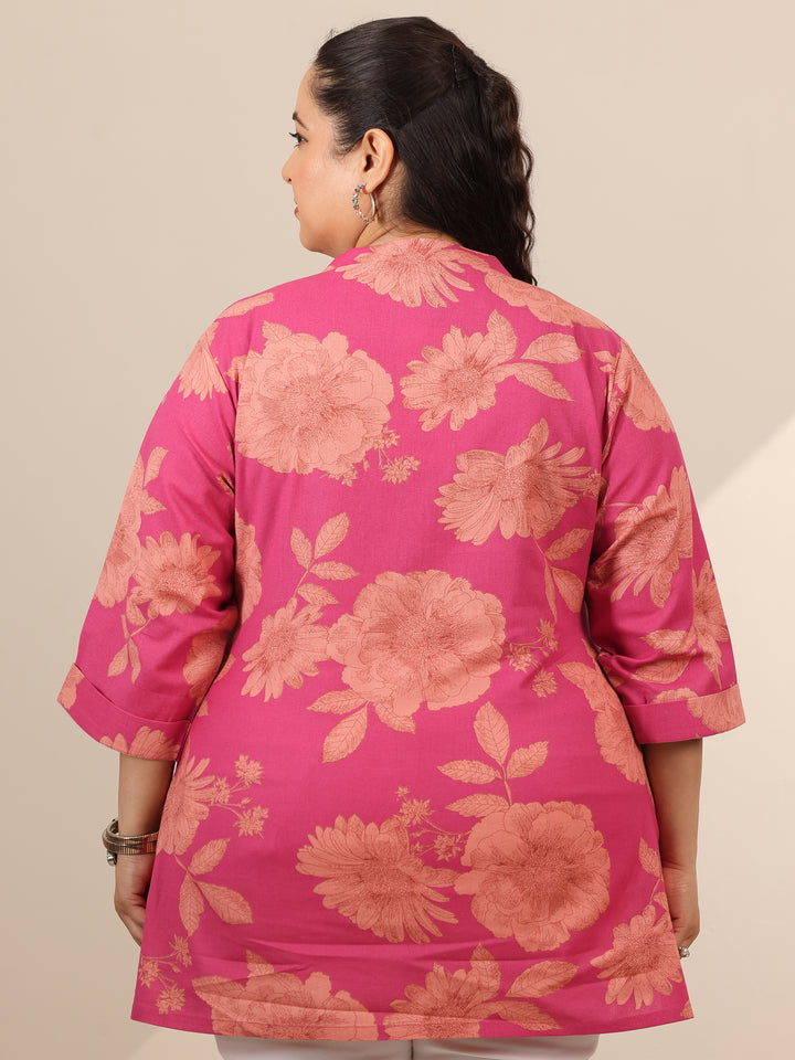 Plus Size Pink Printed Cotton Straight Short Kurti