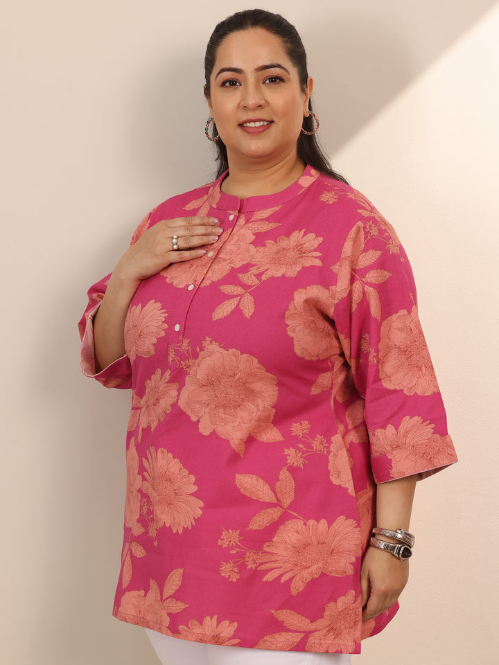 Plus Size Pink Printed Cotton Straight Short Kurti