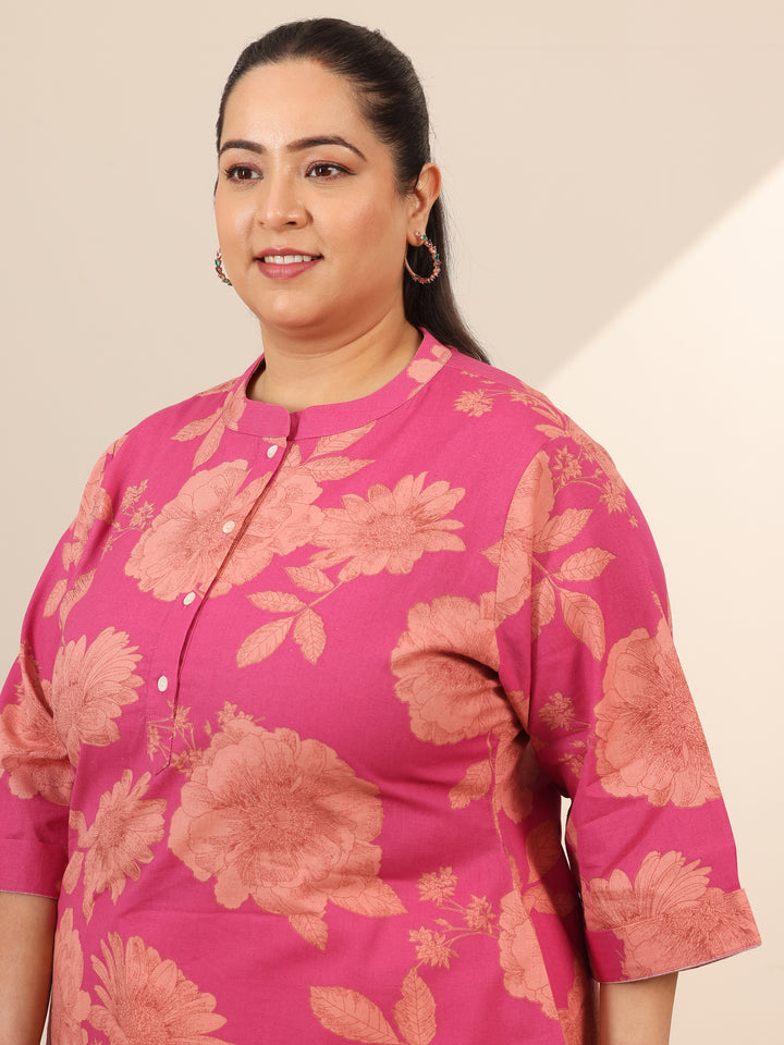 Plus Size Pink Printed Cotton Straight Short Kurti